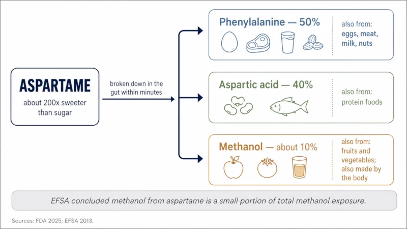Diagram showing aspartame breaking down in digestion into phenylalanine, aspartic acid, and methanol, with the everyday food sources of each