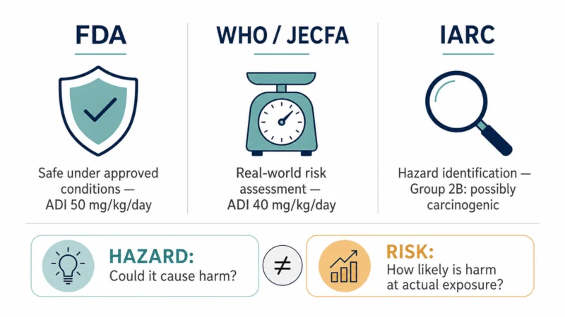 FDA WHO JECFA and IARC assessments of aspartame safety and cancer risk