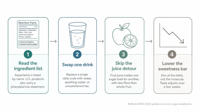 Step-by-step flow showing how to reduce sweetened drinks, from checking the ingredient list to swapping one drink at a time