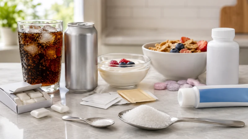 Common products containing aspartame including diet soda, gum, yogurt and tabletop sweetener