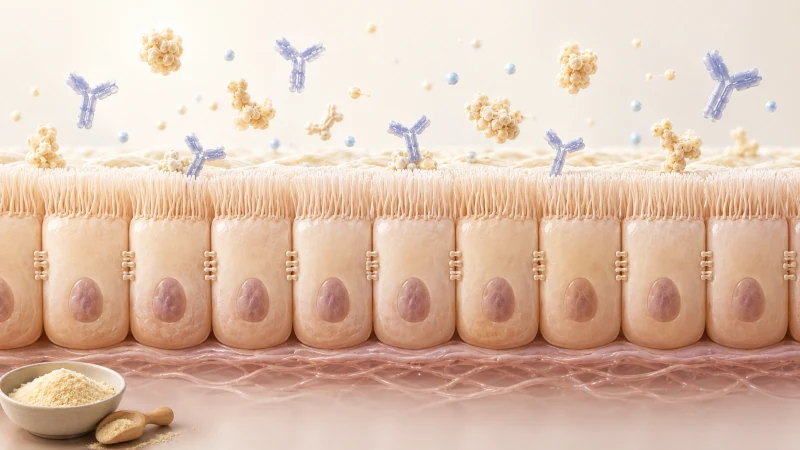 Scientific illustration of bovine colostrum components interacting with the intestinal barrier and immune defenses.