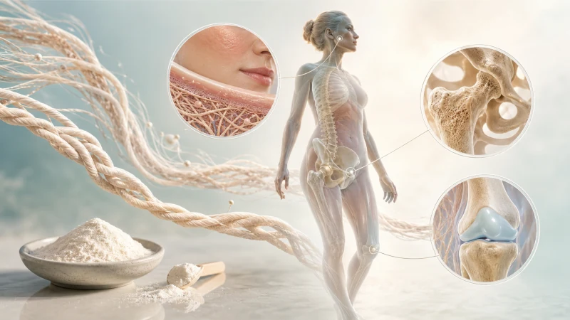 Scientific illustration showing collagen fibers supporting skin, joint cartilage, and bone structure.