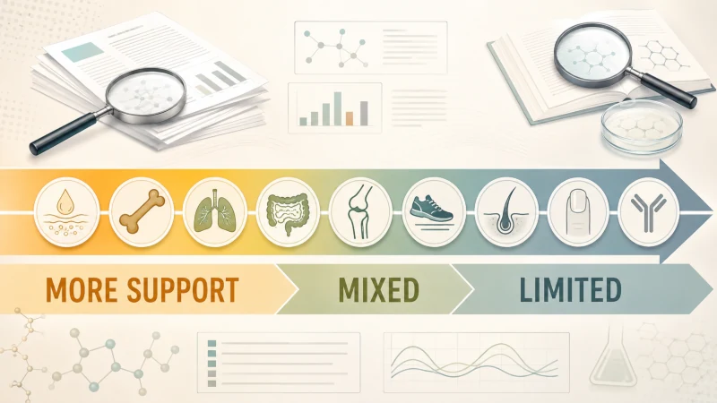 Visual evidence scale showing that research support varies across claimed benefits of colostrum and collagen.