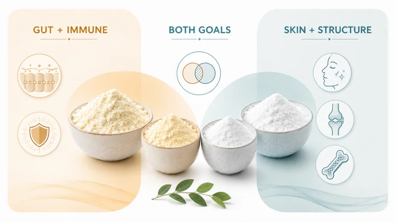 Goal-based visual comparing colostrum for immune and gut support with collagen for skin, bone, and connective tissue support.