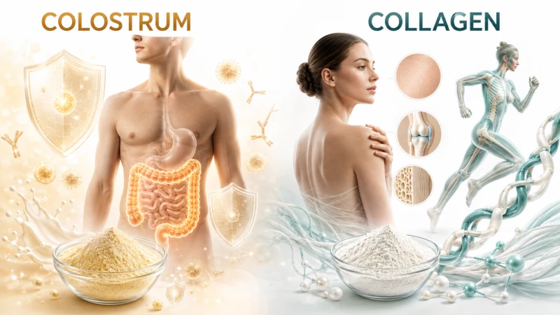 Visual comparison showing colostrum associated with gut and immune support and collagen associated with skin, joints, and bone.