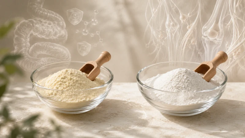 Colostrum vs collagen peptides powder displayed side by side in a clean health editorial setting.