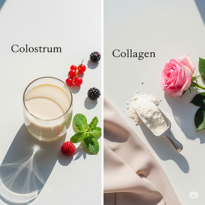 Colostrum powder and collagen liquid with healthy lifestyle elements, representing a choice for wellness.