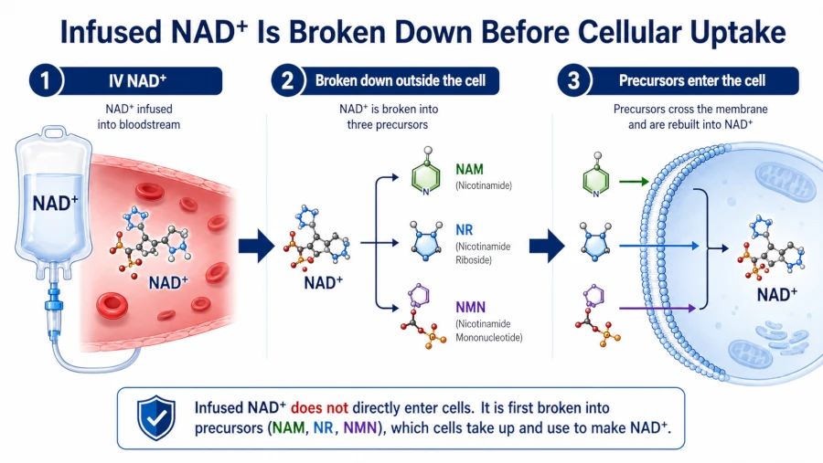 Diagram showing infused NAD+ broken into precursors before cellular uptake.