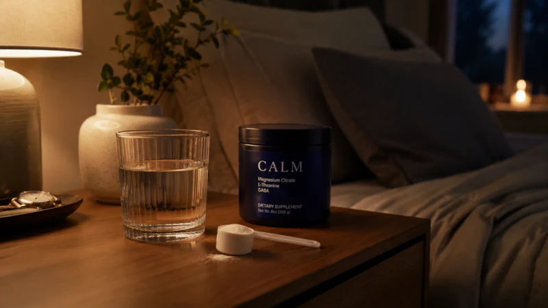 Evening routine with dim lights, water glass, and supplement scoop