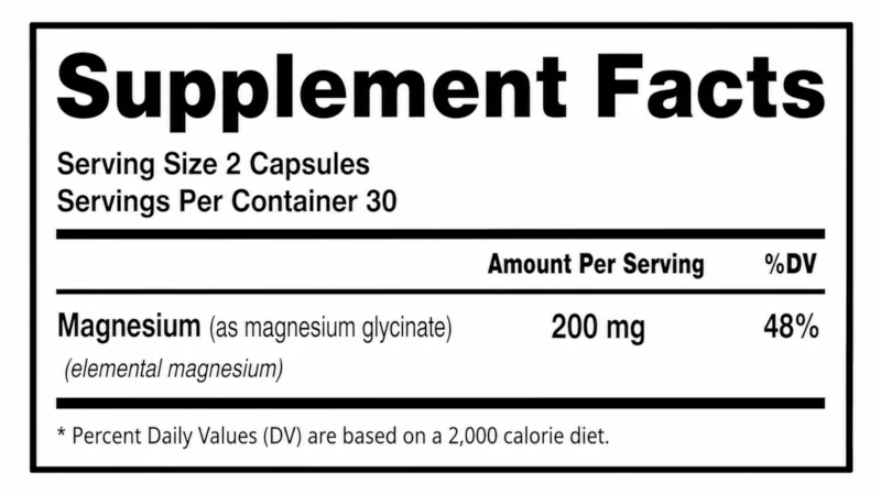 Supplement Facts label showing elemental magnesium glycinate powder per serving