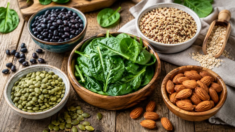 Pumpkin seeds, spinach, black beans, almonds, and whole grains as magnesium-rich foods