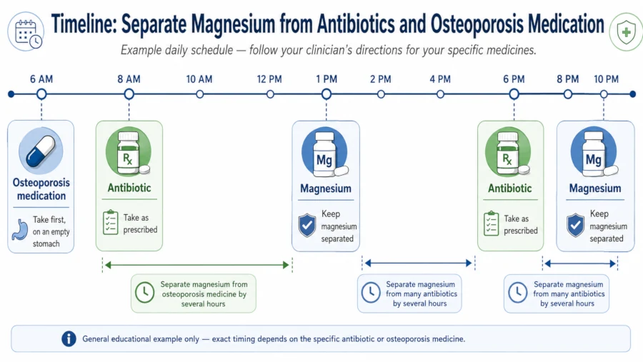 Timeline showing magnesium separated from antibiotics and osteoporosis medication