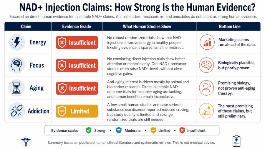 Chart grading human evidence for NAD+ injection claims: energy, focus, aging, addiction.