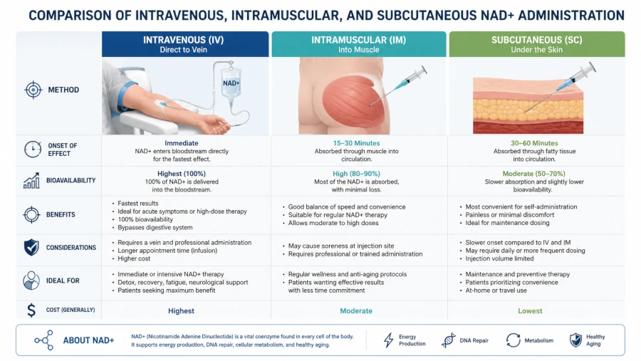Comparison of intravenous, intramuscular, and subcutaneous NAD plus injections administration.