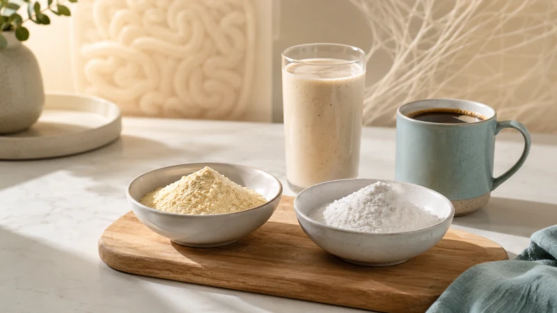 Colostrum and collagen powders shown together beside a smoothie to illustrate using both supplements for different goals.