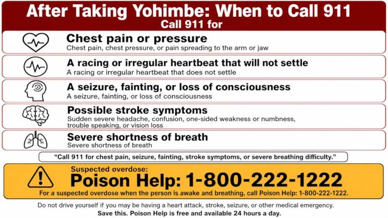 Warning card listing chest pain, irregular heartbeat, seizure, fainting, and stroke symptoms as reasons to call 911 after taking yohimbe, with the Poison Help number