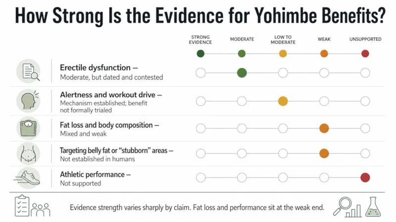 Bar chart grading evidence for yohimbe by claimed use, from moderate for erectile dysfunction down to unsupported for athletic performance