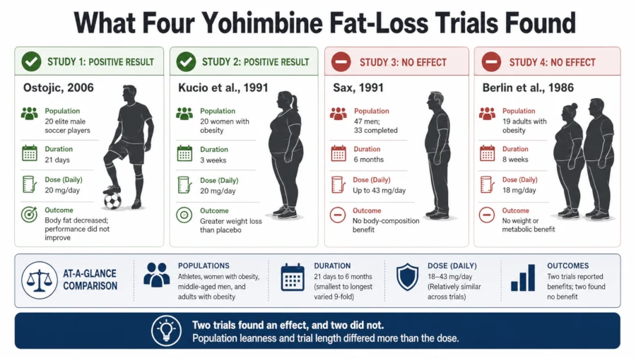 Comparison chart of four yohimbine body-composition trials showing sample size, duration, population, and whether each found an effect