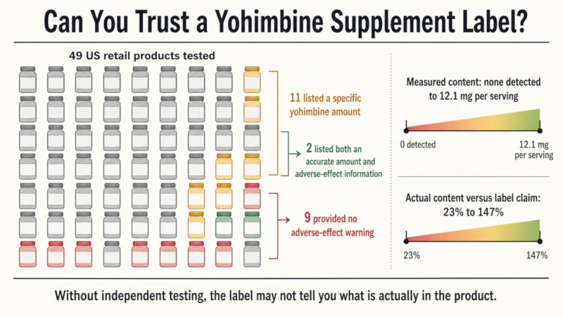 Chart showing that of 49 US yohimbine supplement brands tested, only 11 listed a yohimbine amount and only 2 listed both an accurate amount and adverse effects