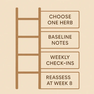Four-step ladder graphic: choose one herb, baseline notes, weekly check-ins, reassess at week 8.