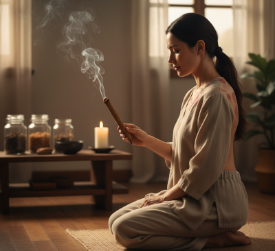 woman practicing the art of moxibustion.