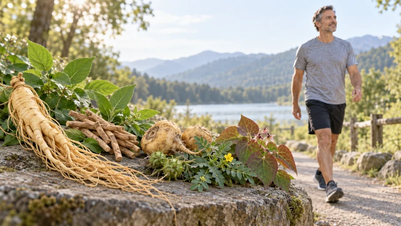 Natural herbs associated with male stamina beside an active middle-aged man outdoors.