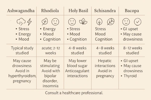Comparison chart summarizing four adaptogenic herbs, typical study durations, and cautions.