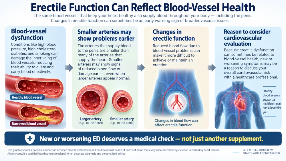 Medical diagram illustrating how blood-vessel problems can link erectile dysfunction with cardiovascular disease.