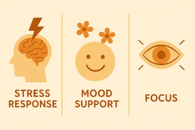 Infographic showing three potential benefits of adaptogens: stress response, mood support, focus.