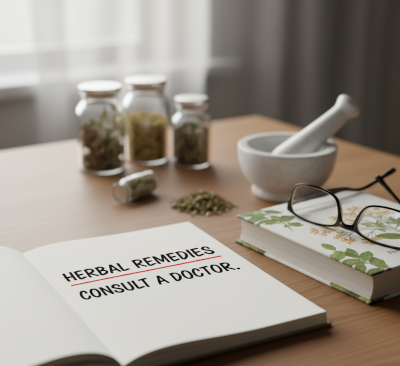 image recommending that people consult a doctor before trying any herbal remedies.