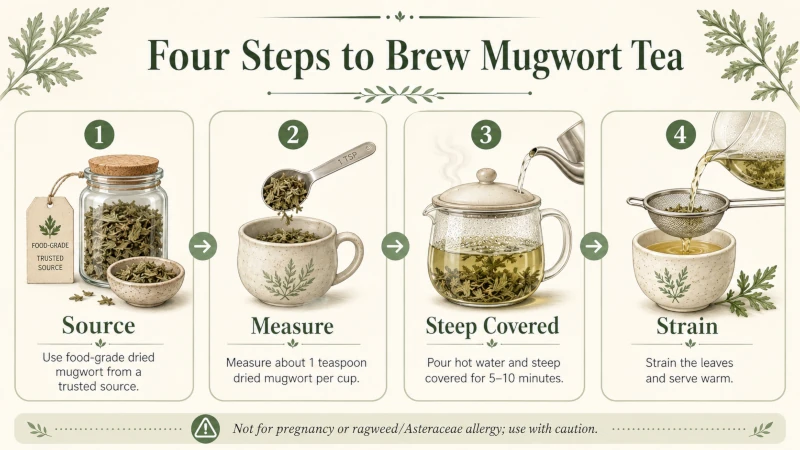 Four steps to brew mugwort tea: source, measure, steep covered, strain.