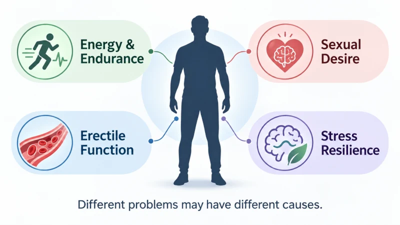 Diagram breaking male stamina into energy, sexual desire, erectile function and stress resilience.