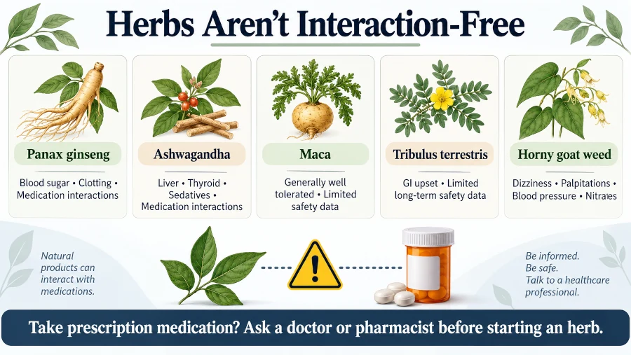 Safety infographic showing important side effects and medication cautions for five common male-stamina herbs.