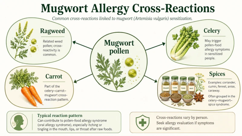 Diagram of mugwort allergy cross-reactions with ragweed, celery, carrot, and spices.