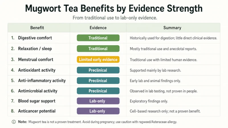 Chart rating mugwort tea benefits by evidence strength, from traditional to lab-only.