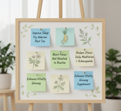 styled like sticky notes on a whiteboard with integrated herbal motifs