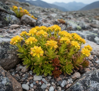 Rhodiola rosea flowers growing in rocky soil.