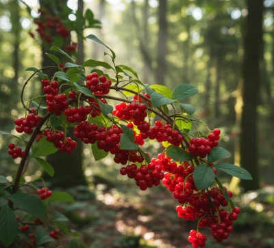 Clusters of red schisandra berries on the vine.