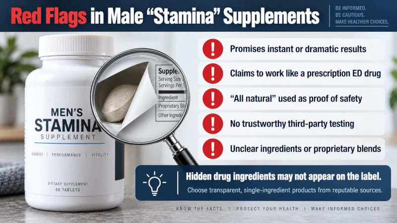 Checklist showing warning signs that a male stamina supplement may contain hidden drug ingredients.