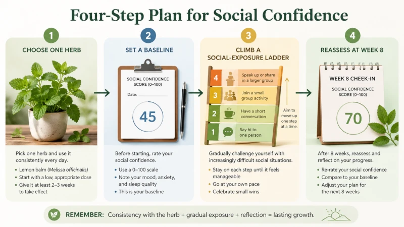 Four-step plan: choose one herb, set a baseline, climb a social-exposure ladder, reassess at week 8.