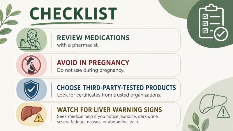 Checklist: review medications with a pharmacist, avoid in pregnancy, choose third-party-tested products, watch for liver warning signs.