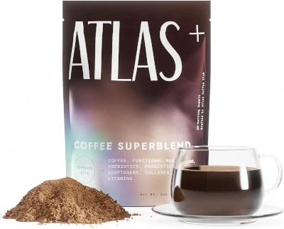 Atlas+ Coffee Superblend&ndash; Premium Mushroom Coffee with Collagen, Probiotics, D3 & B12, Lion&rsquo;s Mane, Reishi, Cordyceps&ndash; for Energy, Focus, Immunity & Gut Health&ndash; 28 Servings (1 Bag)