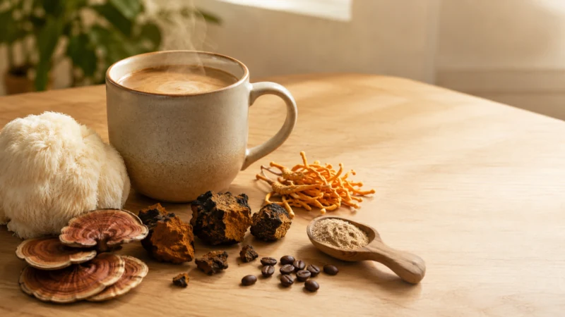 Cup of mushroom coffee with lion’s mane, reishi, chaga, cordyceps, and coffee beans on a warm morning table.