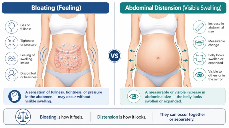 Diagram comparing the feeling of bloating with visible abdominal distension.