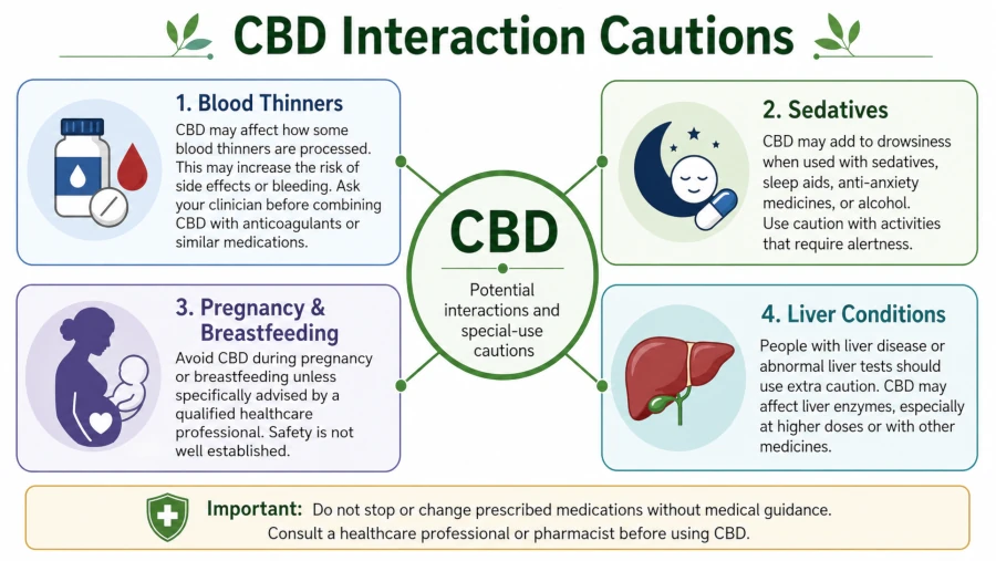Diagram of CBD interaction cautions including blood thinners, sedatives, pregnancy, and liver conditions.