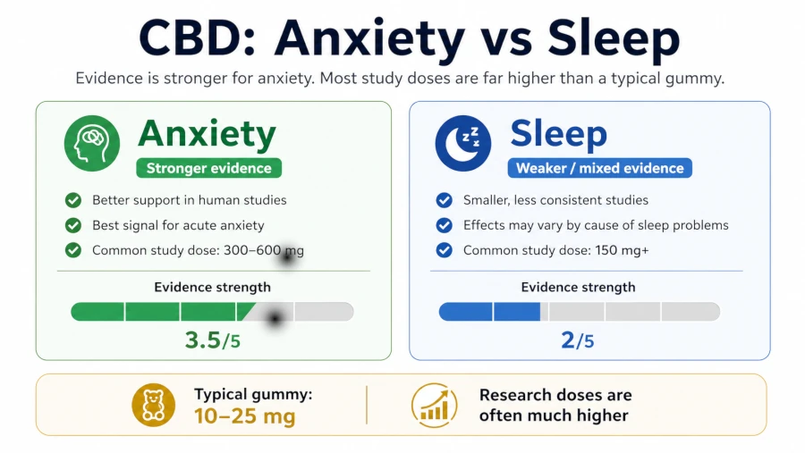 Chart comparing the best cbd gummies strength of evidence for CBD on anxiety versus sleep, noting study doses far higher than typical gummies.