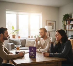 Young adults enjoying a cup of four sigmatic mushroom coffee.