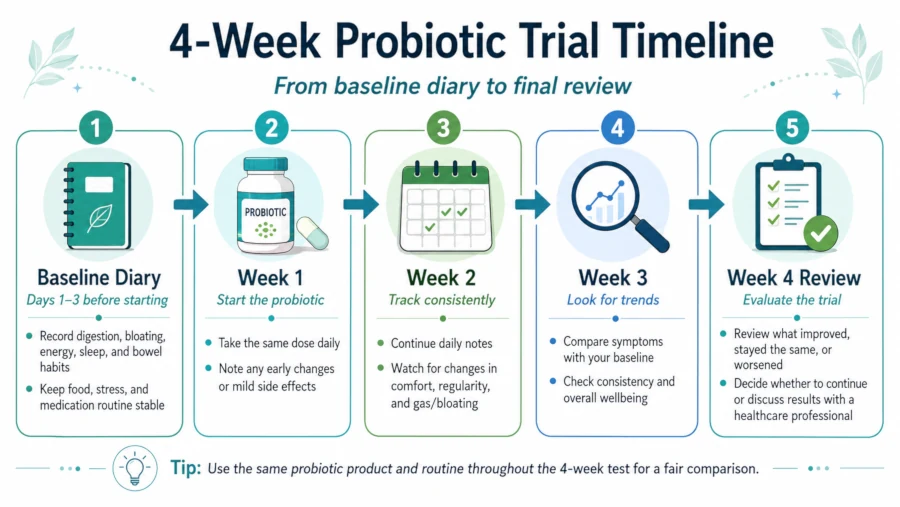 Four-week timeline for testing a probiotic, from baseline diary to review.