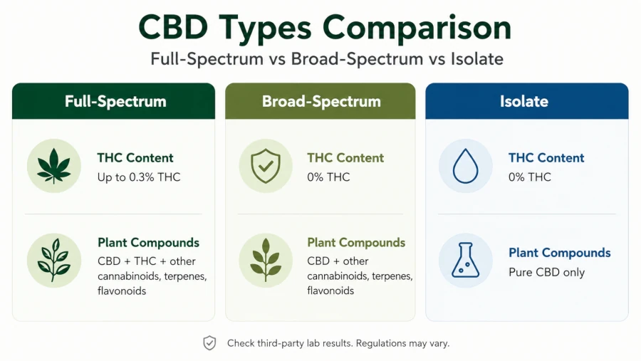 Three-column comparison of full-spectrum, broad-spectrum, and isolate CBD by THC content and plant compounds.