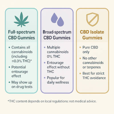Three-column infographic comparing full-spectrum, broad-spectrum, and CBD isolate gummies.
